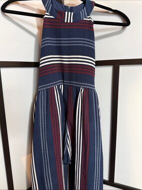 Crystal Doll Navy Halter Stripe Jumpsuit with Red & White Stripes